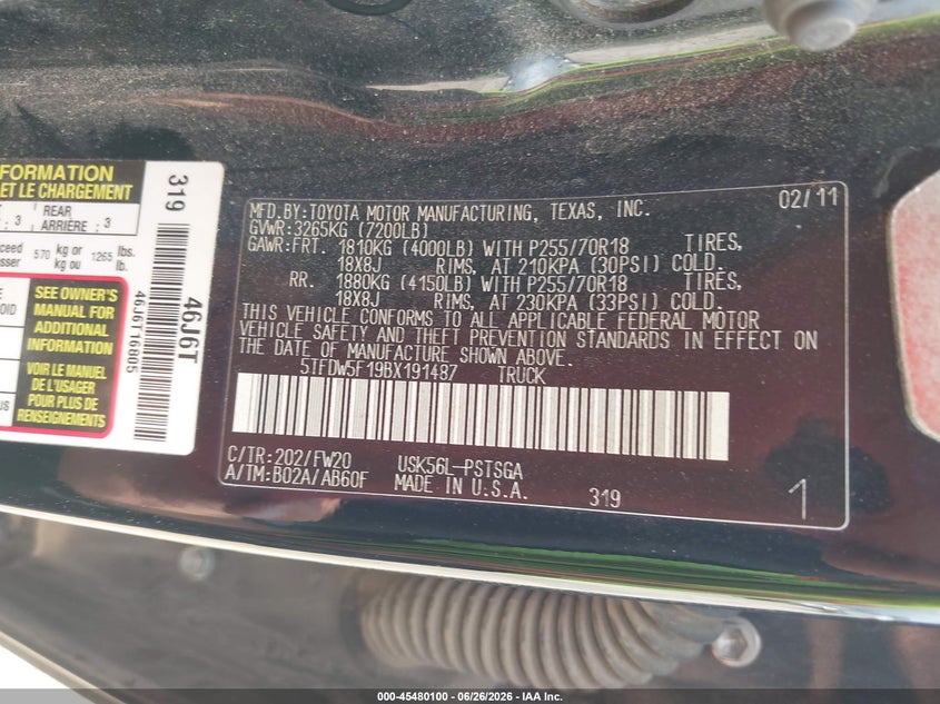 2011 Toyota Tundra VIN 5TFDW5F19BX191487 IAAI salvage auction — REAR END, Salvage (Alabama), sold $4,700 on 2026-07-28 (photo 9)