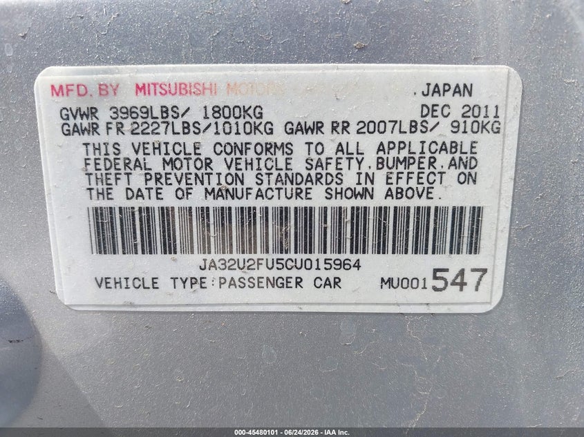 2012 Mitsubishi Lancer VIN JA32U2FU5CU015964 IAAI salvage auction — FRONT END, Salvage (California), sold $600 on 2026-07-08 (photo 9)