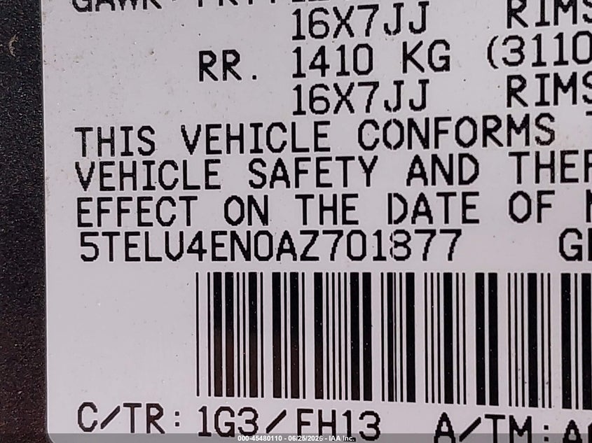 2010 Toyota Tacoma VIN 5TELU4EN0AZ701877 IAAI salvage auction — FRONT END, Salvage (Virginia), sold $8,450 on 2026-07-21 (photo 9)