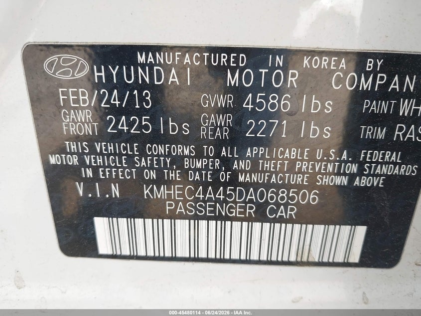 2013 Hyundai Sonata hybrid VIN KMHEC4A45DA068506 IAAI salvage auction — NORMAL WEAR, Original (Maine), sold $400 on 2026-07-06 (photo 9)
