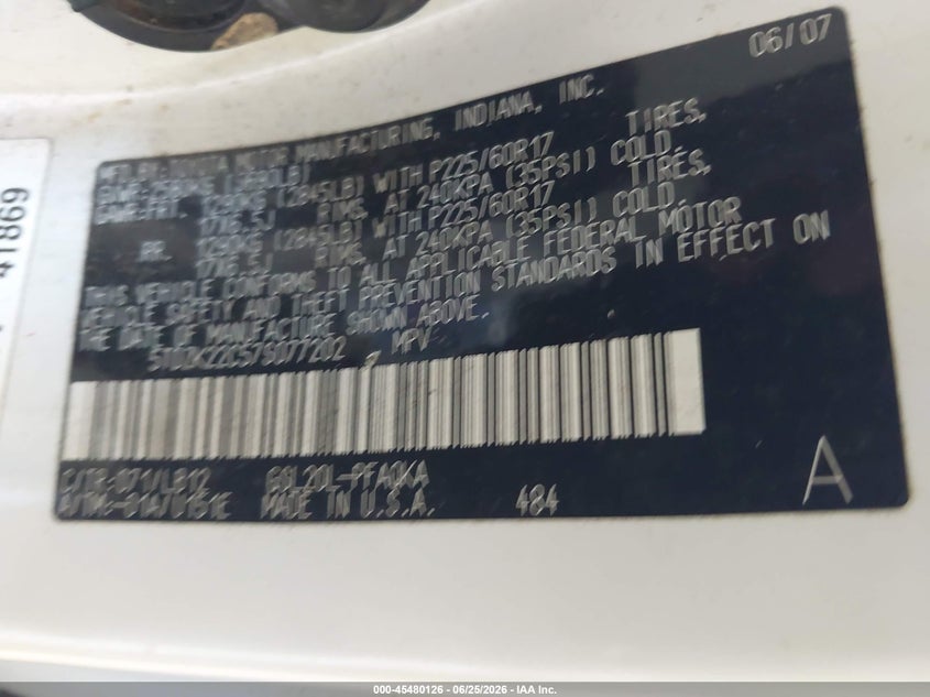 2007 Toyota Sienna VIN 5TDZK22C57S077202 IAAI salvage auction — NORMAL WEAR, Clear (North Carolina), sold $1,200 on 2026-07-16 (photo 9)