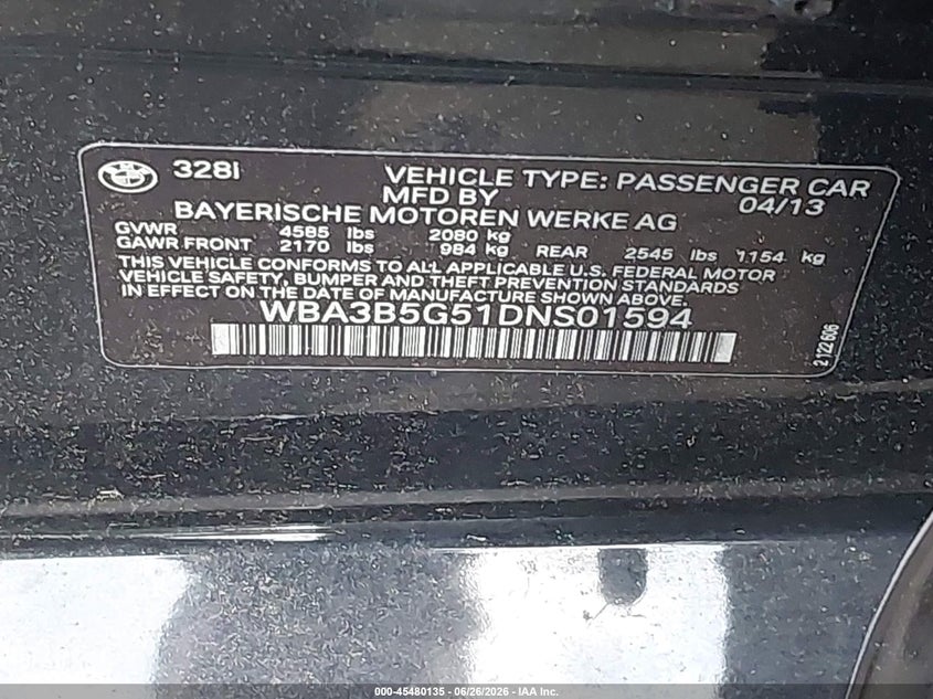 2013 BMW 3er VIN WBA3B5G51DNS01594 IAAI salvage auction — RIGHT FRONT, Mv-907A (New York), sold $2,700 on 2026-07-21 (photo 9)