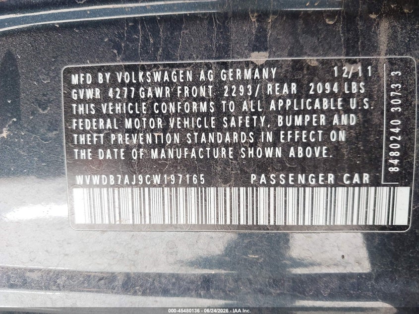 2012 Volkswagen Golf VIN WVWDB7AJ9CW197165 IAAI salvage auction — LEFT FRONT, Salvage (California), sold $375 on 2026-07-08 (photo 9)