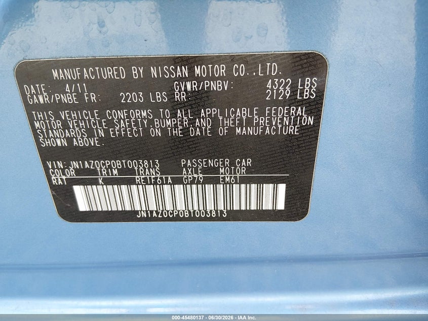 2011 Nissan Leaf VIN JN1AZ0CP0BT003813 IAAI salvage auction — NORMAL WEAR, Clear - Public Restricted (Oregon), sold $125 on 2026-07-13 (photo 9)