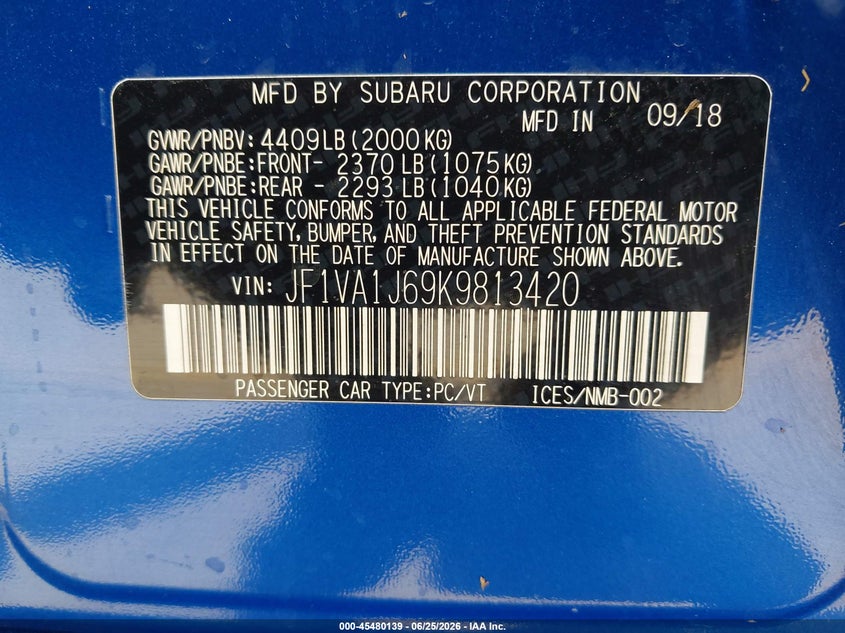2019 Subaru Wrx VIN JF1VA1J69K9813420 IAAI salvage auction — WATER/FLOOD, Salvage (Texas), sold $4,150 on 2026-07-16 (photo 9)