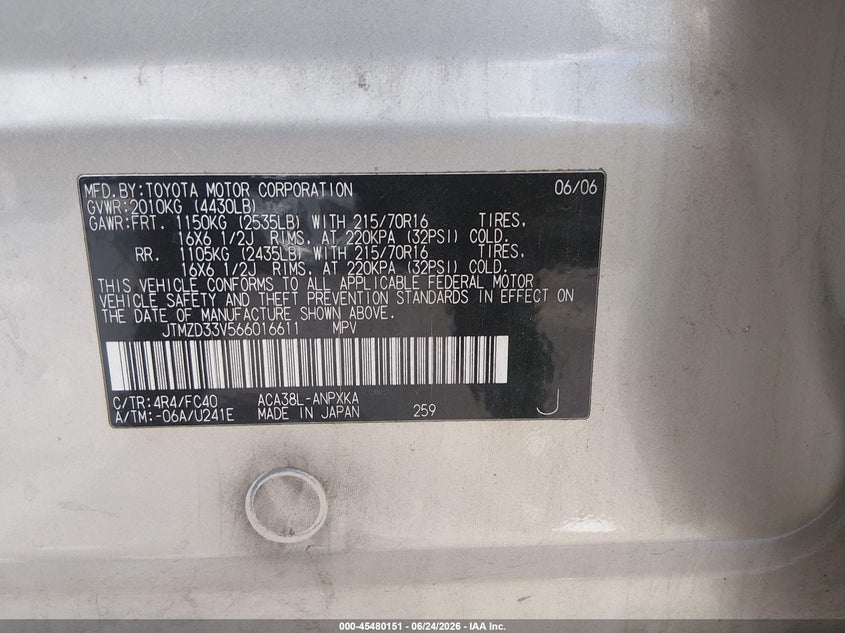 2006 Toyota Rav 4 VIN JTMZD33V566016611 IAAI salvage auction — NORMAL WEAR, Clear (Nevada), sold $875 on 2026-07-31 (photo 9)