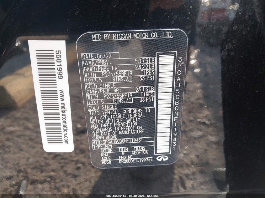 2022 Infiniti Qx50 VIN 3PCAJ5CB0NF119431 IAAI salvage auction — WATER/FLOOD, Salvage Title, sold $4,400 on 2026-07-23 (photo 9)