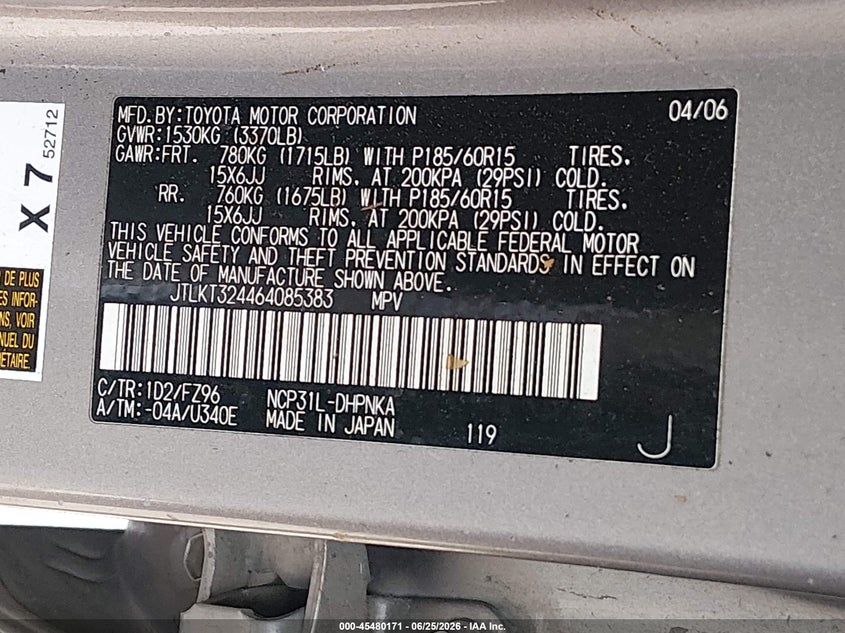 2006 Scion Xb VIN JTLKT324464085383 IAAI salvage auction — ROLLOVER, Bill Of Sale (Washington), sold $325 on 2026-07-15 (photo 9)