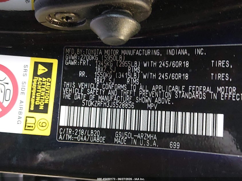 2018 Toyota Highlander VIN 5TDKZRFH3JS528856 IAAI salvage auction — SIDE, Salvage (Idaho), sold $8,200 on 2026-07-29 (photo 9)