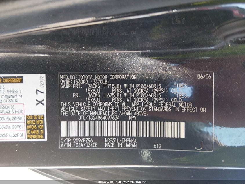 2006 Scion Xb VIN JTLKT324864097634 IAAI salvage auction — REAR END, Salvage - Greater Than 75% (Maryland), sold $300 on 2026-07-23 (photo 9)