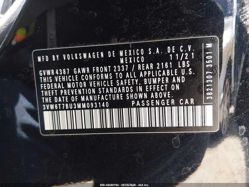 2021 Volkswagen Jetta VIN 3VW6T7BU3MM093140 IAAI salvage auction — RIGHT SIDE, Salvage (California), sold $7,800 on 2026-07-22 (photo 9)