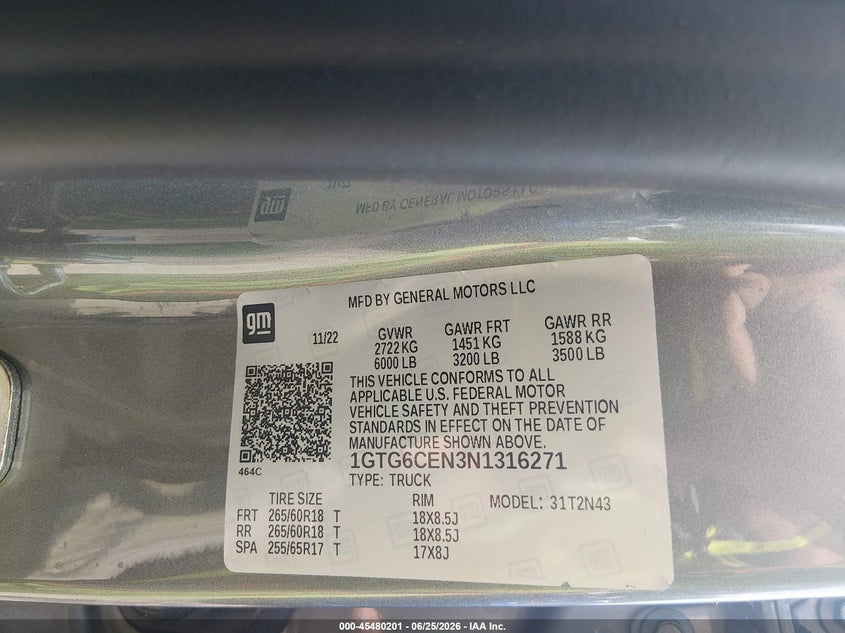 2022 Gmc Canyon VIN 1GTG6CEN3N1316271 IAAI salvage auction — SIDE, Salvage Title, sold $11,300 on 2026-07-30 (photo 9)