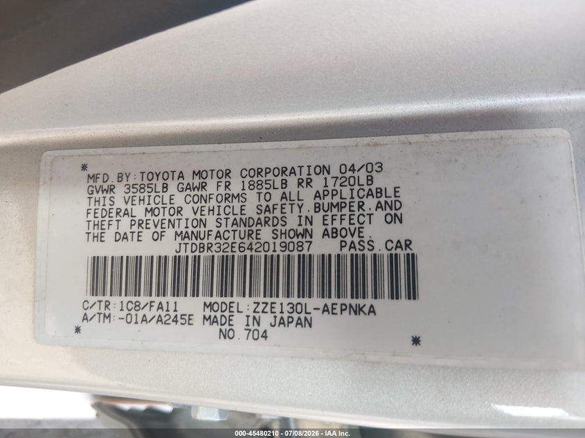 2004 Toyota Corolla VIN JTDBR32E642019087 IAAI salvage auction — NORMAL WEAR, Clear-Dealer Only (West Virginia), sold $100 on 2026-07-16 (photo 9)