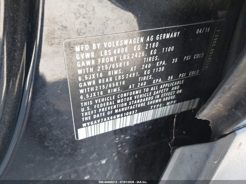 2016 Volkswagen Tiguan VIN WVGAV7AX6GW610837 IAAI salvage auction — NORMAL WEAR, Clear - Dealer Only (California), sold $1,550 on 2026-07-13 (photo 9)