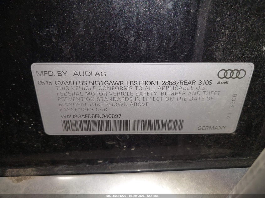 2015 Audi A8 VIN WAU3GAFD5FN040897 IAAI salvage auction — RIGHT FRONT, Salvage (Pennsylvania), sold $4,100 on 2026-07-31 (photo 9)