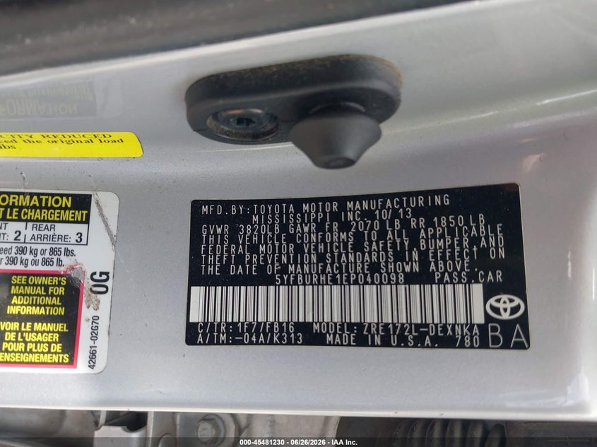 2014 Toyota Corolla VIN 5YFBURHE1EP040098 IAAI salvage auction — FRONT END, Salvage (Texas), sold $1,450 on 2026-07-29 (photo 9)