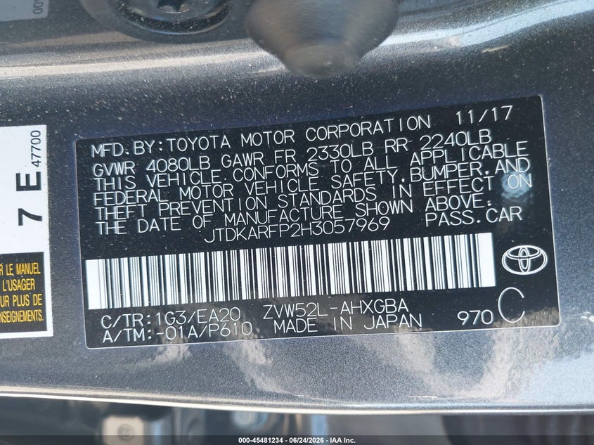 2017 Toyota VIN JTDKARFP2H3057969 IAAI salvage auction — FRONT END, Salvage (California), sold $4,550 on 2026-07-10 (photo 9)