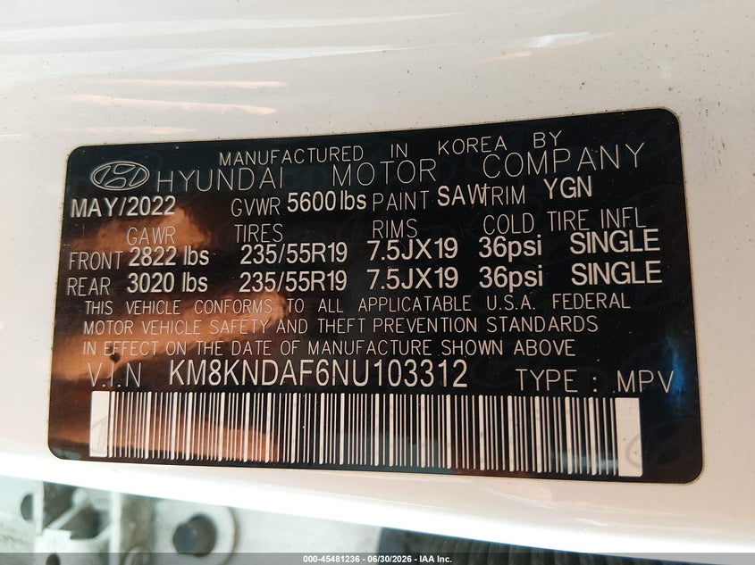 2022 Hyundai Ioniq 5 VIN KM8KNDAF6NU103312 IAAI salvage auction — FRONT END, Salvage Title, sold $6,900 on 2026-08-02 (photo 9)