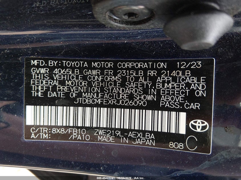 2024 Toyota Corolla VIN JTDBCMFEXRJ026090 IAAI salvage auction — REAR END, Clear Claim Paid (Wisconsin), sold $5,750 on 2026-07-15 (photo 9)