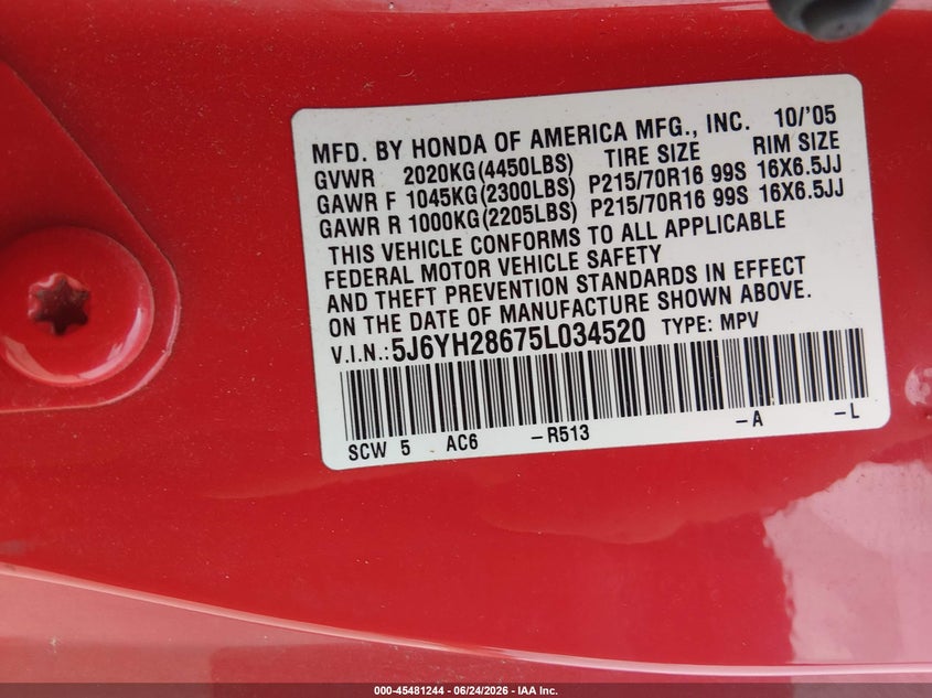 2005 Honda Element VIN 5J6YH28675L034520 IAAI salvage auction — NORMAL WEAR, Clear (Missouri), sold $1,025 on 2026-07-09 (photo 9)
