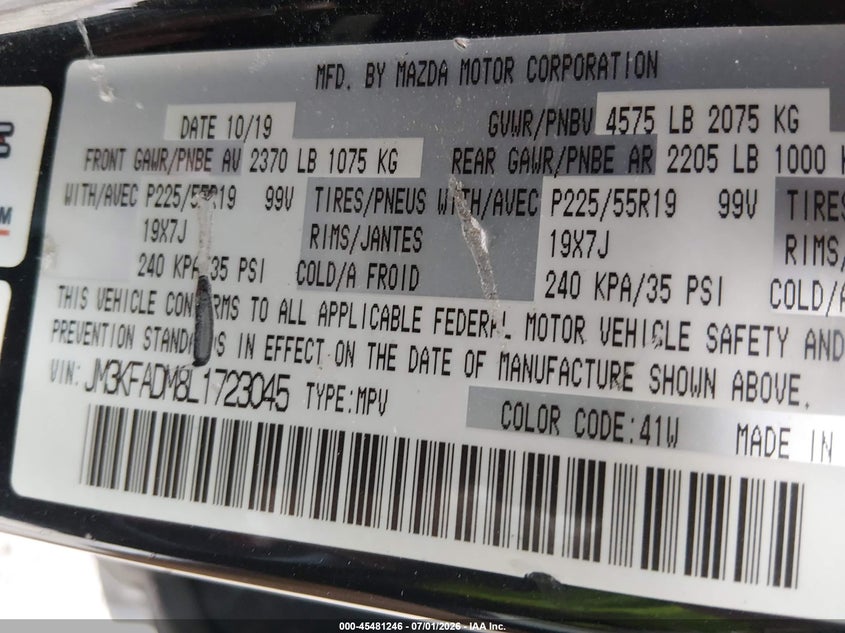 2020 Mazda Cx-5 VIN JM3KFADM8L1723045 IAAI salvage auction — HAIL, Salvage Title, sold $7,500 on 2026-08-23 (photo 9)