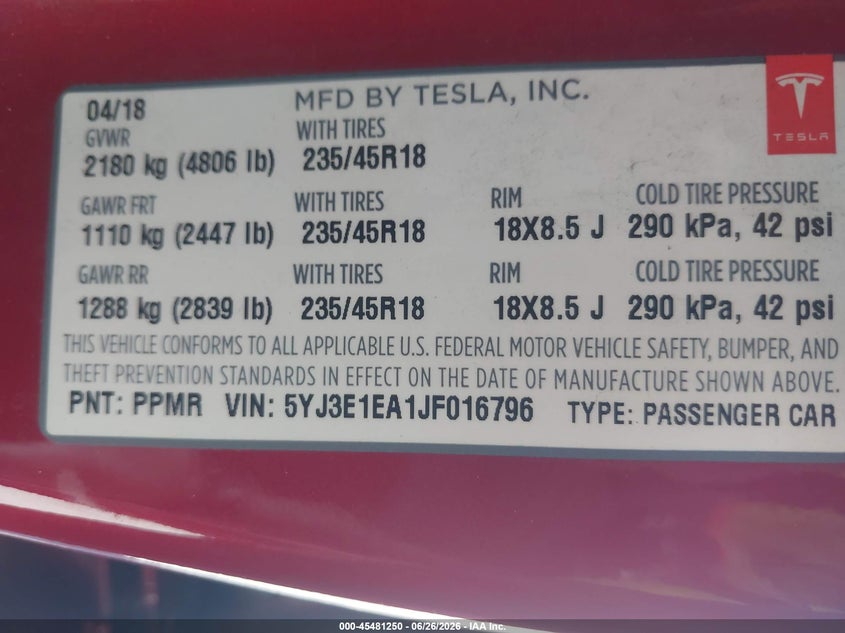2018 Tesla Model 3 VIN 5YJ3E1EA1JF016796 IAAI salvage auction — RIGHT FRONT, Salvage (California), sold $6,950 on 2026-07-13 (photo 9)