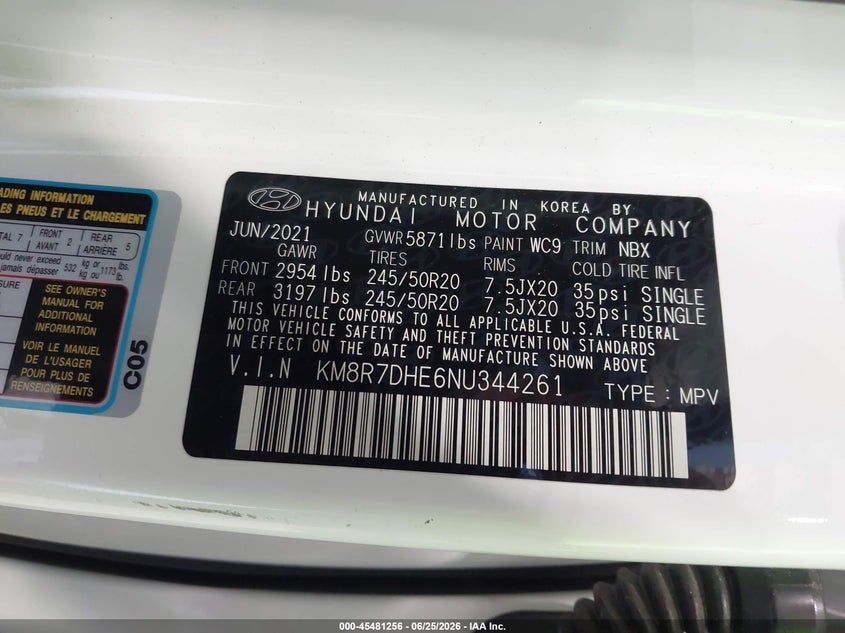2022 Hyundai Palisade VIN KM8R7DHE6NU344261 IAAI salvage auction — RIGHT SIDE, Mv-907A (New York), sold $6,300 on 2026-07-15 (photo 9)
