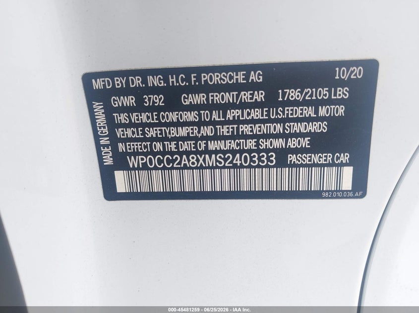 2021 Porsche 718 spyder VIN WP0CC2A8XMS240333 IAAI salvage auction — REAR END, Salvage (Pennsylvania), sold $32,000 on 2026-07-30 (photo 9)
