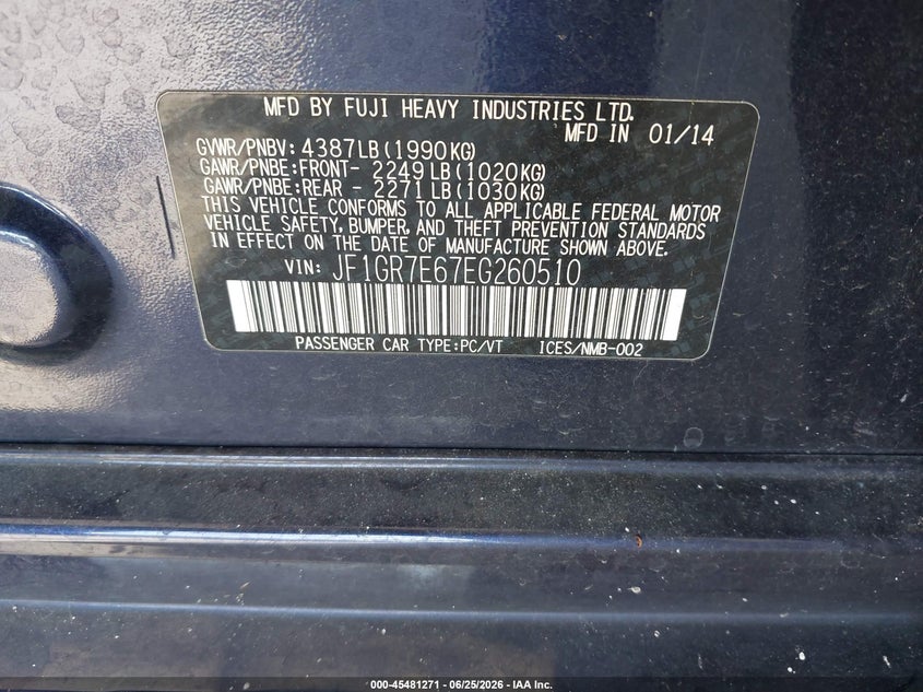 2014 Subaru Impreza wrx VIN JF1GR7E67EG260510 IAAI salvage auction — ENGINE DAMAGE, Salvage Title, sold $2,425 on 2026-07-29 (photo 9)