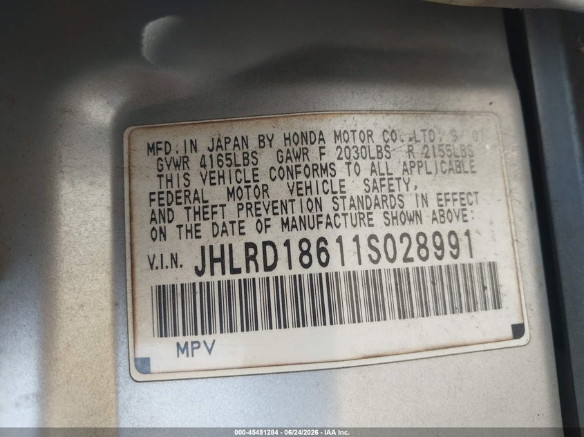 2001 Honda Cr-v VIN JHLRD18611S028991 IAAI salvage auction — NORMAL WEAR, Clear (Tennessee), sold $250 on 2026-07-23 (photo 9)