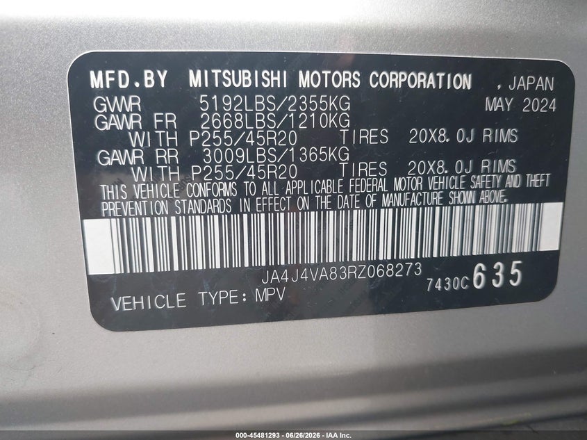 2024 Mitsubishi Outlander VIN JA4J4VA83RZ068273 IAAI salvage auction — RIGHT REAR, Salvage Title, sold $8,100 on 2026-08-01 (photo 9)
