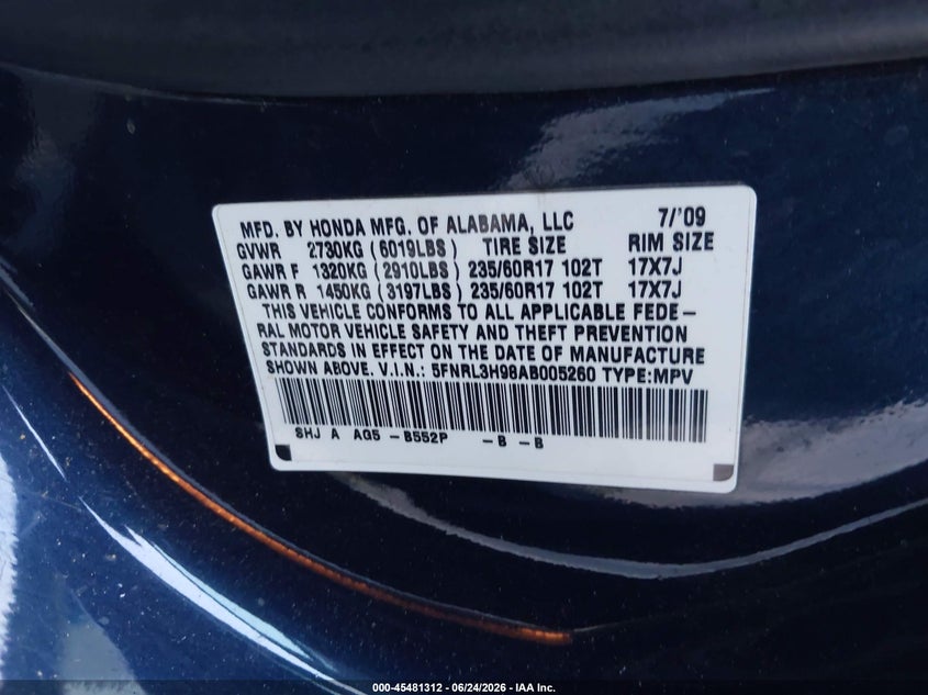 2010 Honda Odyssey VIN 5FNRL3H98AB005260 IAAI salvage auction — SIDE, Salvage (California), sold $1,150 on 2026-07-09 (photo 9)