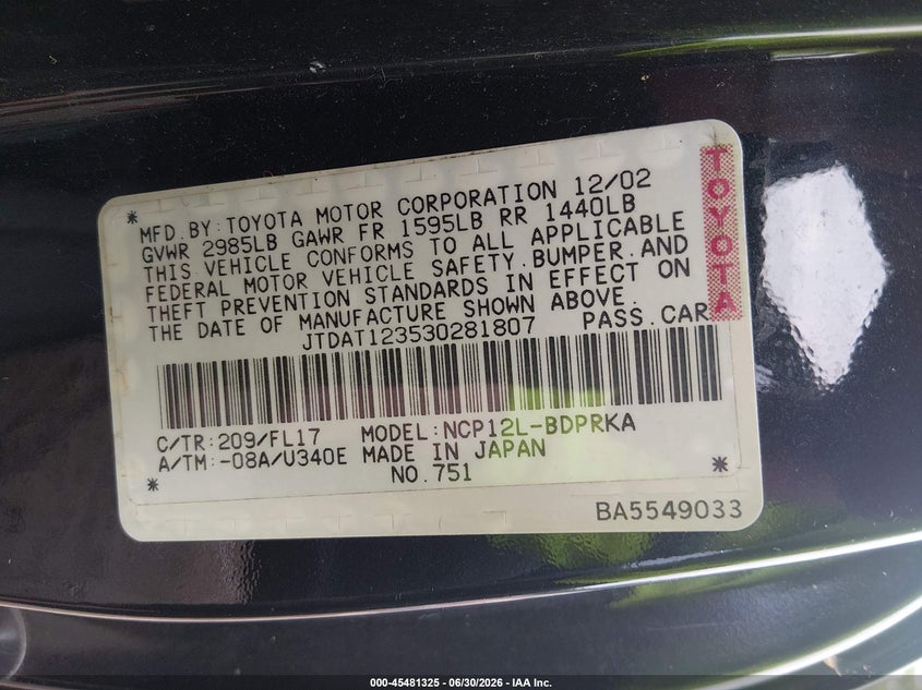 2003 Toyota Echo VIN JTDAT123530281807 IAAI salvage auction — REAR END, Salvage (Tennessee), sold $300 on 2026-07-15 (photo 9)