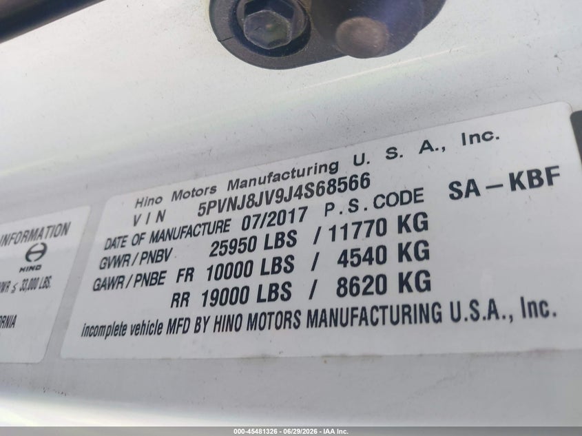 2018 Hino 258/268 VIN 5PVNJ8JV9J4S68566 IAAI salvage auction — FRONT END, Salvage (Virginia), sold $1,775 on 2026-07-22 (photo 8)