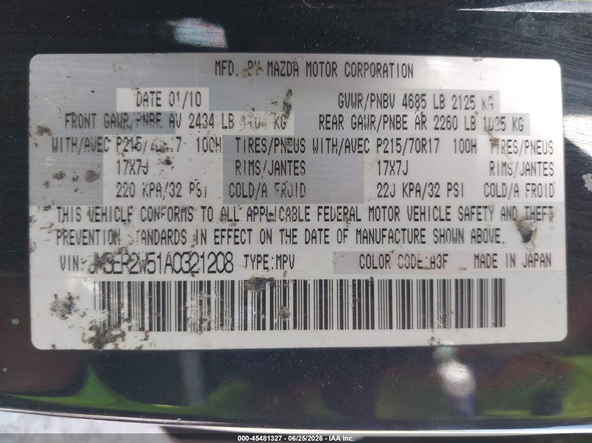 2010 Mazda Cx-7 VIN JM3ER2W51A0321208 IAAI salvage auction — NORMAL WEAR, Original (Texas), sold $275 on 2026-07-22 (photo 9)