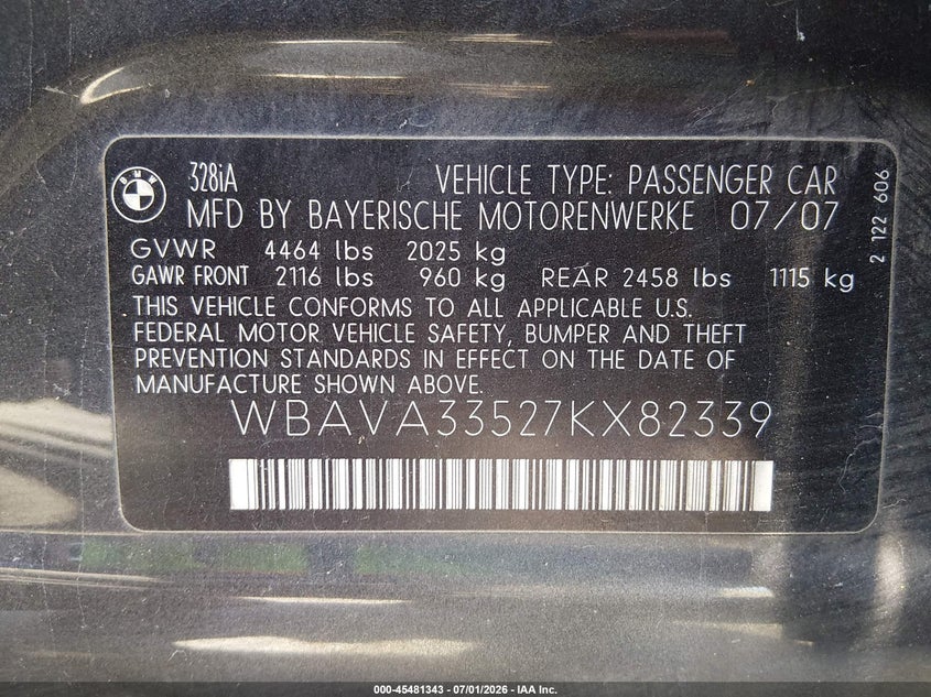 2007 BMW 3er VIN WBAVA33527KX82339 IAAI salvage auction — FRONT END, Salvage (North Carolina), sold $375 on 2026-08-03 (photo 9)