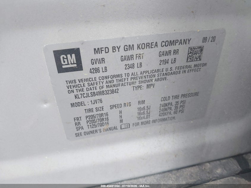 2021 Chevrolet Trax VIN KL7CJLSB4MB323842 IAAI salvage auction — HAIL, Salvage Title, sold $2,200 on 2026-07-28 (photo 9)