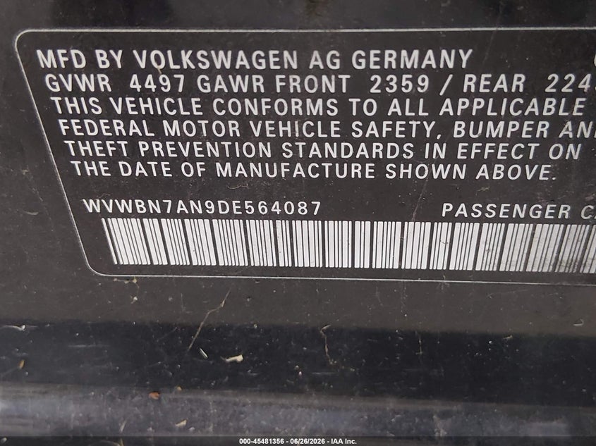 2013 Volkswagen Passat cc VIN WVWBN7AN9DE564087 IAAI salvage auction — LEFT REAR, Salvage (Texas), sold $700 on 2026-07-21 (photo 9)