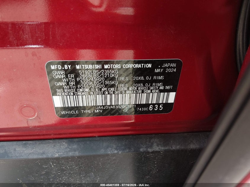 2024 Mitsubishi Outlander VIN JA4J3VA83RZ067871 IAAI salvage auction — SIDE, Salvage Title, sold $14,150 on 2026-07-22 (photo 9)