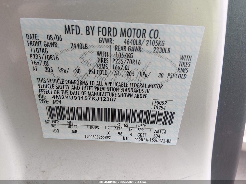 2007 Mercury Mariner VIN 4M2YU91157KJ12367 IAAI salvage auction — NORMAL WEAR, Certificate Of Title (Nebraska), sold $1,150 on 2026-07-23 (photo 9)
