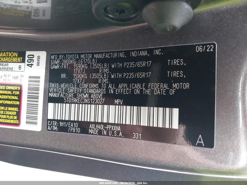 2022 Toyota Sienna VIN 5TDYRKEC3NS123027 IAAI salvage auction — FRONT & REAR, Salvage - Greater Than 75% (Maryland), sold $10,600 on 2026-07-28 (photo 9)