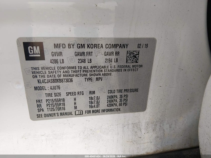 2019 Buick Encore VIN KL4CJASB0KB873036 IAAI salvage auction — NORMAL WEAR, Clear (South Carolina), sold $2,100 on 2026-07-08 (photo 9)