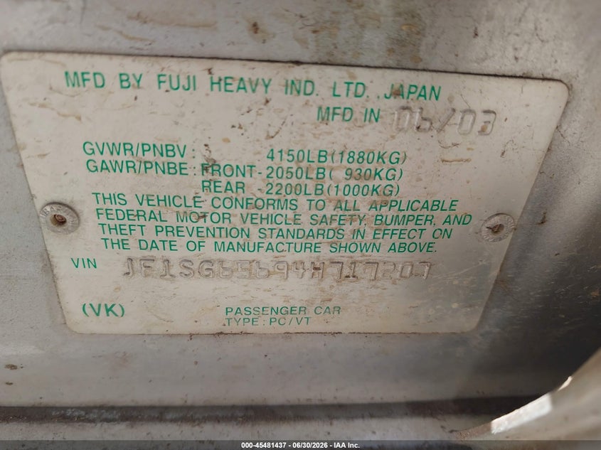 2004 Subaru Forester VIN JF1SG65694H717207 IAAI salvage auction — NORMAL WEAR, Original (Texas), sold $1,650 on 2026-07-08 (photo 9)