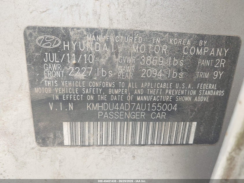 2010 Hyundai Elantra VIN KMHDU4AD7AU155004 IAAI salvage auction — NORMAL WEAR, Clear (Massachusetts), sold $425 on 2026-07-28 (photo 9)
