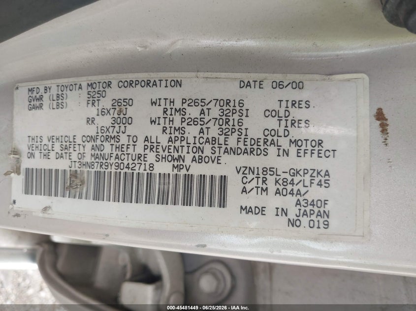 2000 Toyota 4runner VIN JT3HN87R9Y9042718 IAAI salvage auction — FRONT END, Clear (Indiana), sold $350 on 2026-07-29 (photo 9)