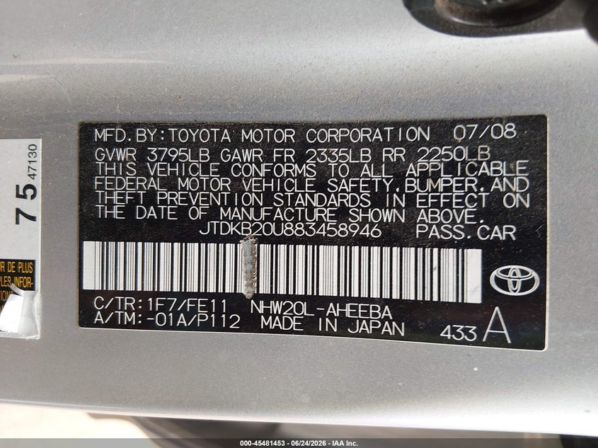 2008 Toyota Prius VIN JTDKB20U883458946 IAAI salvage auction — NORMAL WEAR, Clear-Dealer Only (Arizona), sold $500 on 2026-07-28 (photo 9)