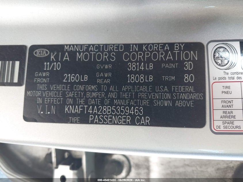 2011 Kia Forte VIN KNAFT4A28B5359463 IAAI salvage auction — RIGHT FRONT, Salvage (California), sold $700 on 2026-07-09 (photo 9)