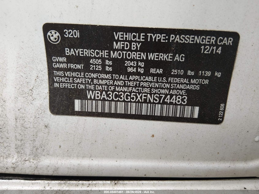 2015 BMW 3er VIN WBA3C3G5XFNS74483 IAAI salvage auction — FRONT & REAR, Salvage Title, sold $125 on 2026-07-21 (photo 9)