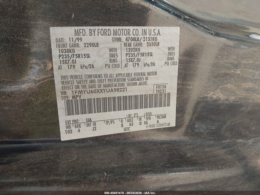 2000 Ford Explorer sport trac VIN 1FMYU60XXYUA98221 IAAI salvage auction — NORMAL WEAR, Clear-Dealer Only (Arizona), sold $300 on 2026-07-09 (photo 9)