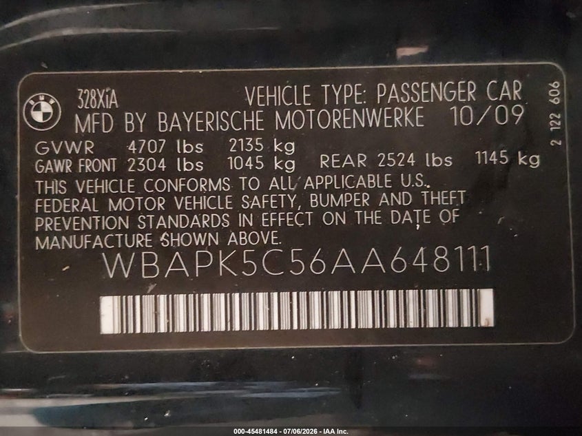 2010 BMW 3 series VIN WBAPK5C56AA648111 IAAI salvage auction — FRESH WATER, Clear (Massachusetts), sold $200 on 2026-07-14 (photo 9)